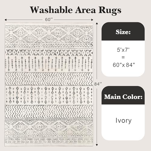 Art&Tuft Area Rug 5x7, Super Soft Ultra-Thin Moroccan Washable Rugs 5x7, Anti-Slip Backing Rugs for Living Room, Foldable Geometric Machine Washable Area Rug(5'x7', Ivory) - Image 2