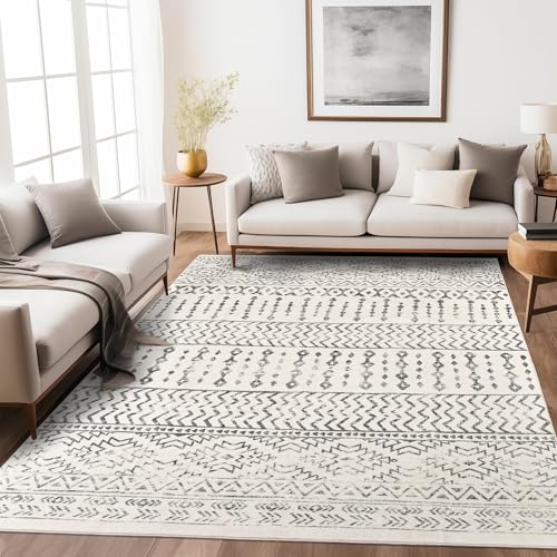 Art&Tuft Area Rug 5x7, Super Soft Ultra-Thin Moroccan Washable Rugs 5x7, Anti-Slip Backing Rugs for Living Room, Foldable Geometric Machine Washable Area Rug(5'x7', Ivory) - Image 1