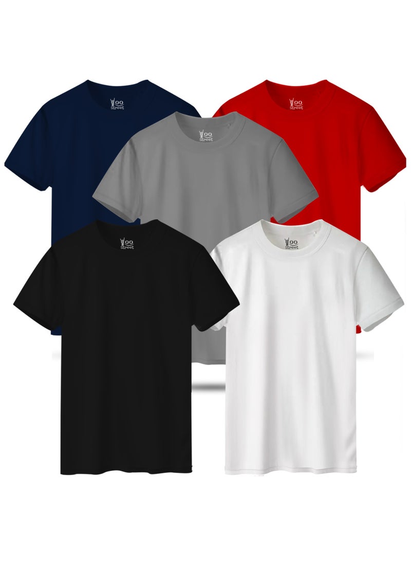 Yoo Street Bundle of 5 Classic T-Shirts - RED WHITE GRAY NAVY BLUE RED