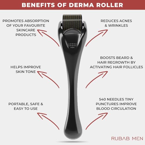 RUBAB MEN 1.5mm Derma Roller for Hair Regrowth & Beard Growth | 540 Titanium Alloy Microneedles | Activator for Patchy Beard, Scalp, Face & Skin| Comes with Travel Case - Image 4