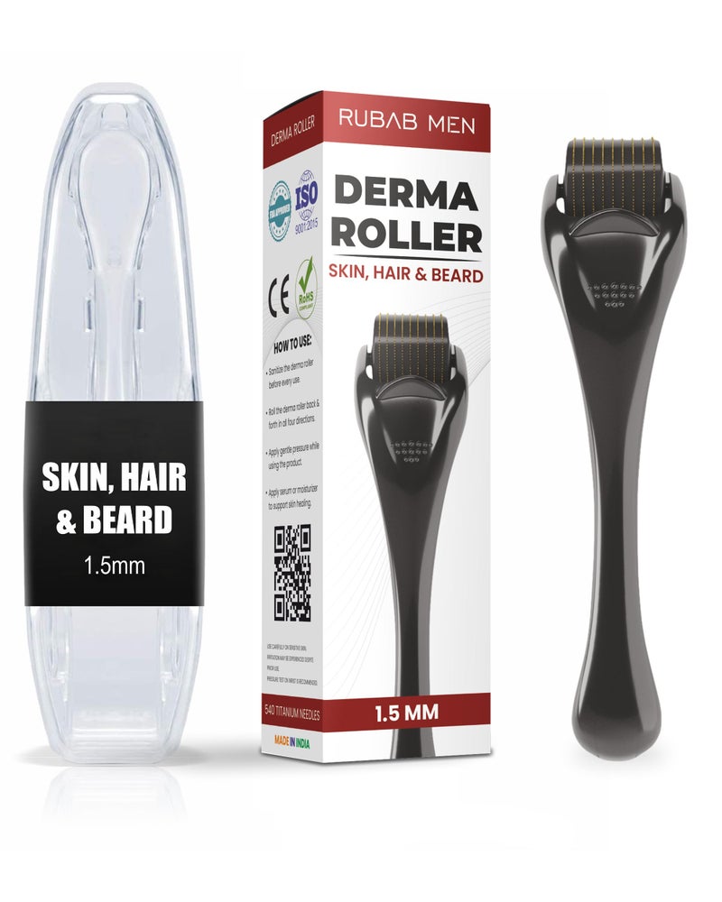 RUBAB MEN 1.5mm Derma Roller for Hair Regrowth & Beard Growth | 540 Titanium Alloy Microneedles | Activator for Patchy Beard, Scalp, Face & Skin| Comes with Travel Case - Image 1