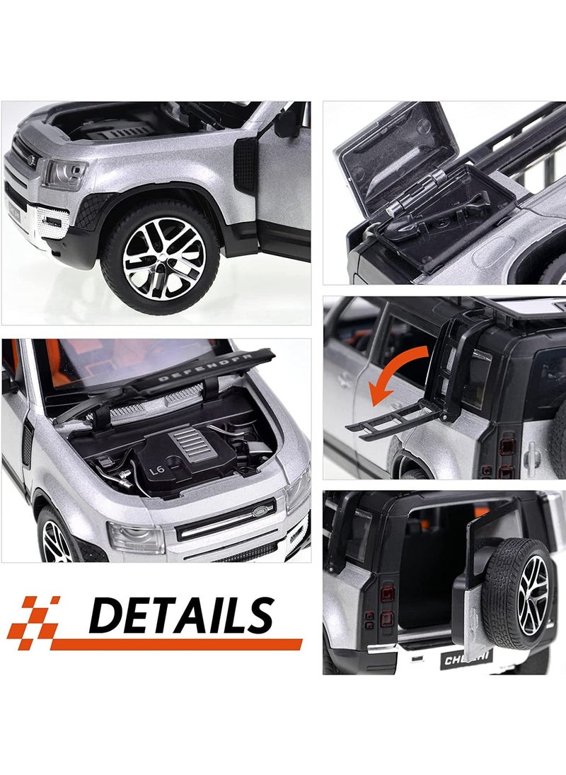 CHE ZHI - 1:24 Scale Land Rover Defender Toy Cars, Diecast Model Luxury Metal Car Collection, Collectible Toys, Zinc Alloy Pull Back with Front and Back Lights and Sound, Open Doors Silver - Image 1