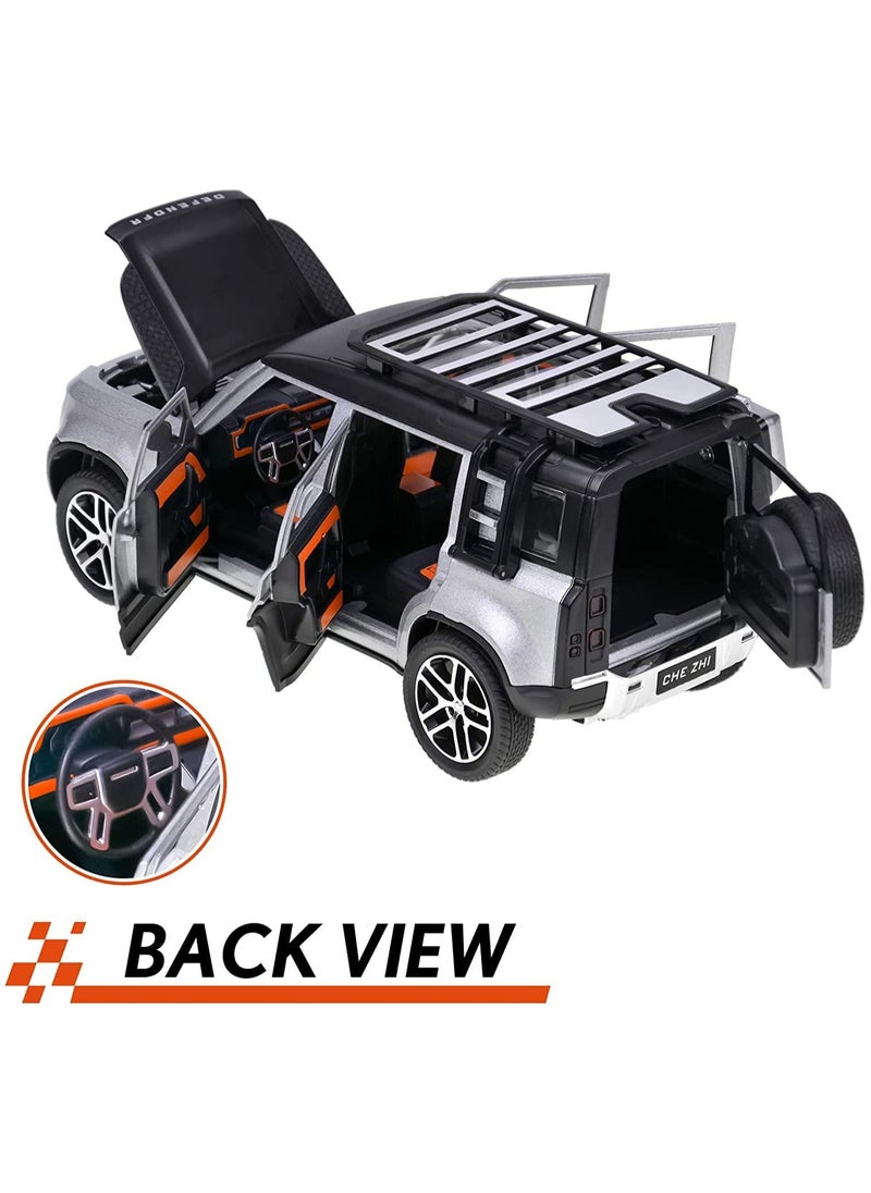 CHE ZHI - 1:24 Scale Land Rover Defender Toy Cars, Diecast Model Luxury Metal Car Collection, Collectible Toys, Zinc Alloy Pull Back with Front and Back Lights and Sound, Open Doors Silver - Image 1