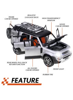 CHE ZHI 1:24 Scale Land Rover Defender Toy Cars, Diecast Model Luxury Metal Car Collection, Collectible Toys, Zinc Alloy Pull Back with Front and Back Lights and Sound, Open Doors Silver  - Image 5