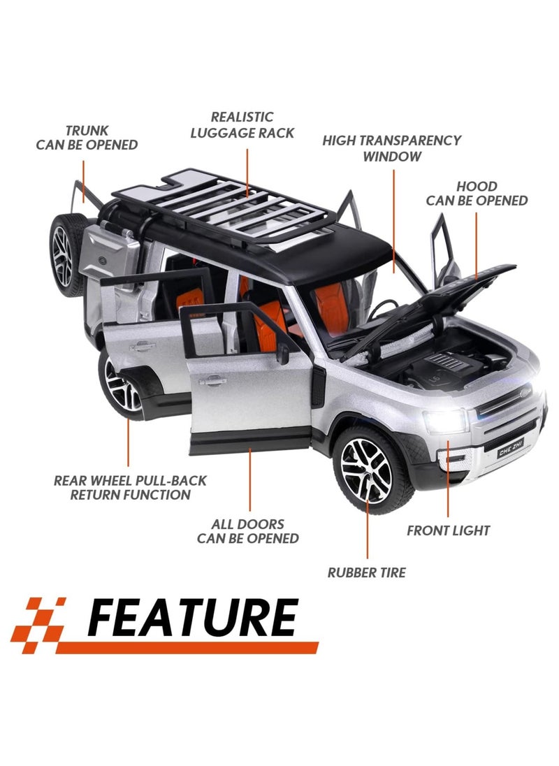 CHE ZHI - 1:24 Scale Land Rover Defender Toy Cars, Diecast Model Luxury Metal Car Collection, Collectible Toys, Zinc Alloy Pull Back with Front and Back Lights and Sound, Open Doors Silver - Image 1