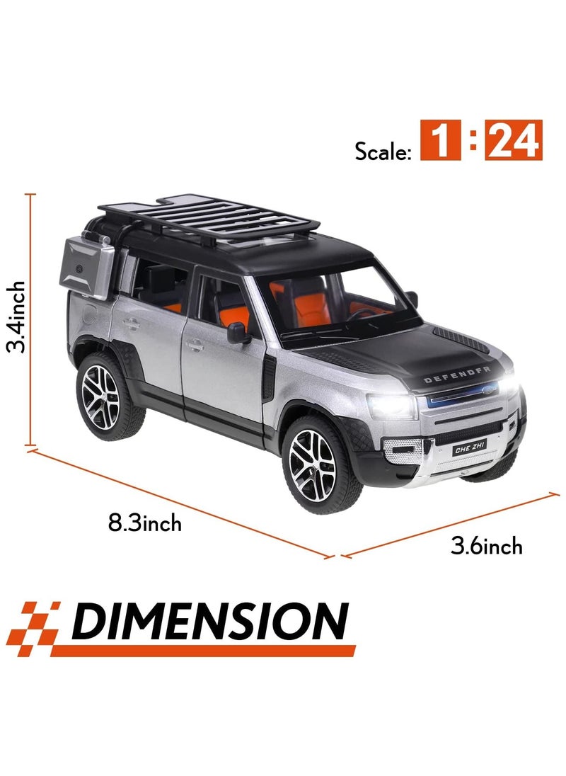 CHE ZHI - 1:24 Scale Land Rover Defender Toy Cars, Diecast Model Luxury Metal Car Collection, Collectible Toys, Zinc Alloy Pull Back with Front and Back Lights and Sound, Open Doors Silver - Image 1