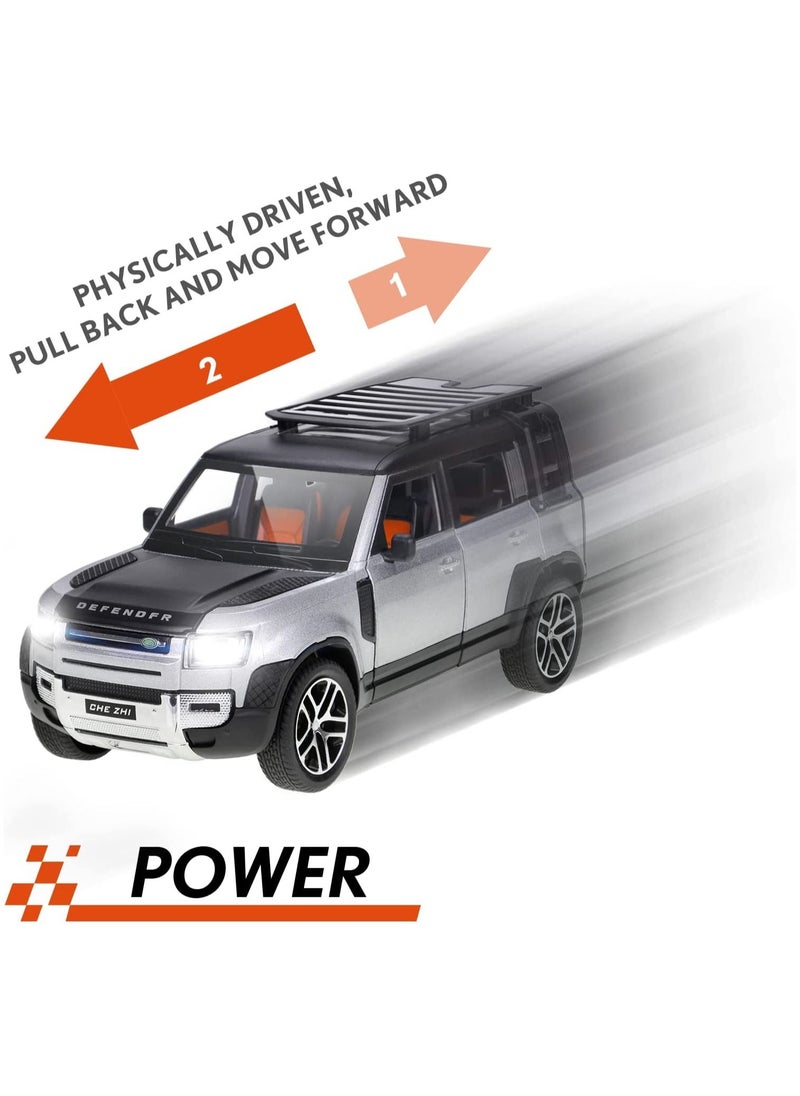 CHE ZHI - 1:24 Scale Land Rover Defender Toy Cars, Diecast Model Luxury Metal Car Collection, Collectible Toys, Zinc Alloy Pull Back with Front and Back Lights and Sound, Open Doors Silver - Image 1
