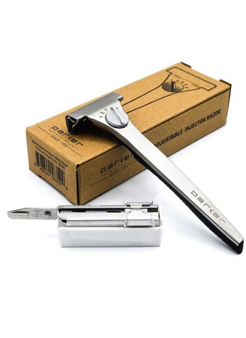 Parker’s Adjustable Injector Razor Single Edge Adjustable Safety Razor 20 Parker Injector Razor Blades Included Customize your shave with a turn of the dial