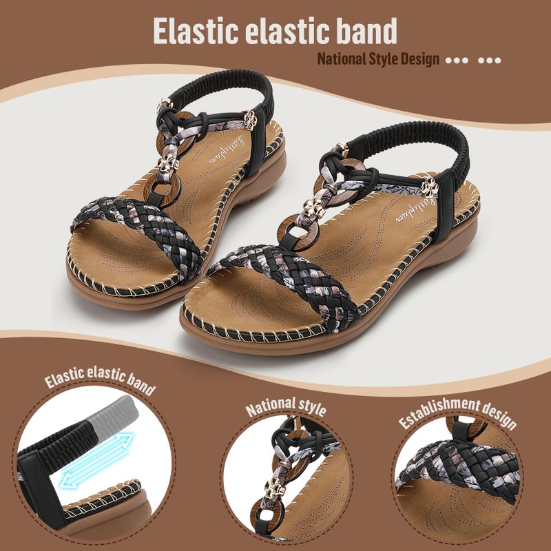 Littleplum Women Sandals Arch Support Handmade Bohemian Braided Flat Sandals Comfort Walking Beach Ankle Elastic Summer Shoes Multi Black Size 8 - Image 4