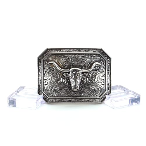 ARIAT Silver Rectangle Buckle with Longhorn Motif and Western Scroll Engraving, Smooth Edge Design, 4" x 3" - Image 3