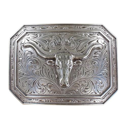 ARIAT Silver Rectangle Buckle with Longhorn Motif and Western Scroll Engraving, Smooth Edge Design, 4" x 3" - Image 1