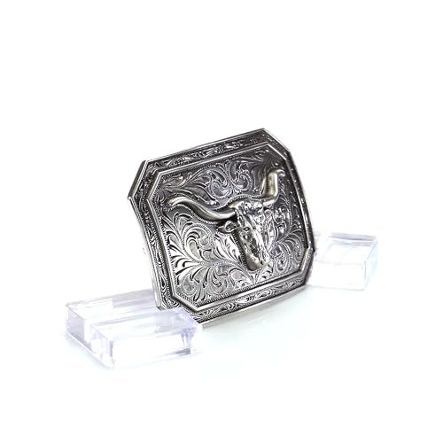 ARIAT Silver Rectangle Buckle with Longhorn Motif and Western Scroll Engraving, Smooth Edge Design, 4" x 3" - Image 2