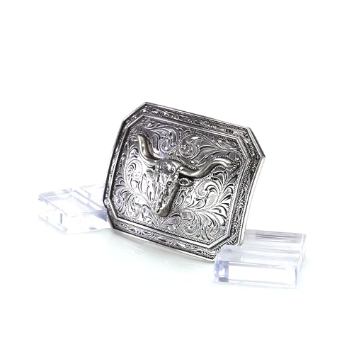 ARIAT Silver Rectangle Buckle with Longhorn Motif and Western Scroll Engraving, Smooth Edge Design, 4" x 3" - Image 4