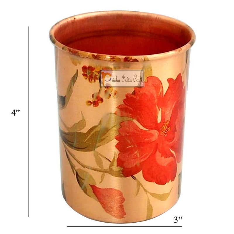 Prisha India Craft Prisha India Craft Pure Copper Bottle 2 Copper Glass with Beautiful Gift Box Flower Printed Design Set of 3 Pieces  - Image 4