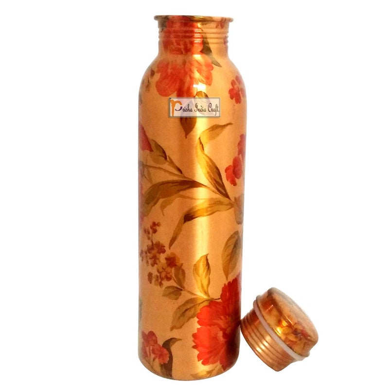 Prisha India Craft Prisha India Craft Pure Copper Bottle 2 Copper Glass with Beautiful Gift Box Flower Printed Design Set of 3 Pieces  - Image 2