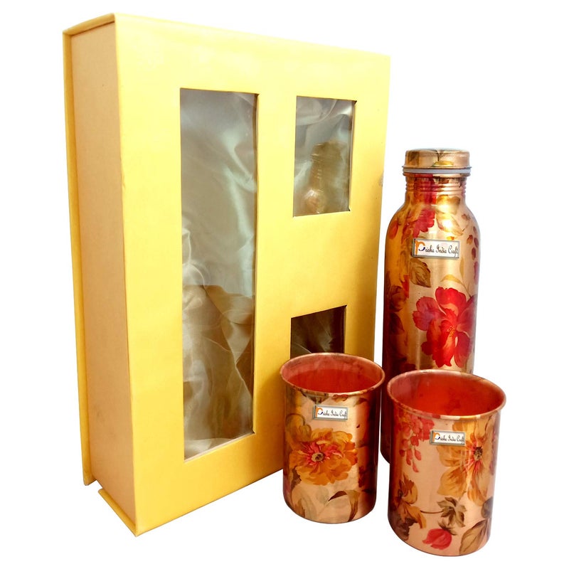 Prisha India Craft Prisha India Craft Pure Copper Bottle 2 Copper Glass with Beautiful Gift Box Flower Printed Design Set of 3 Pieces  - Image 3