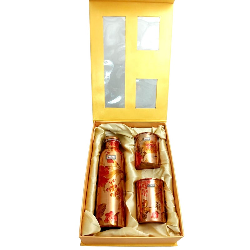 Prisha India Craft Prisha India Craft Pure Copper Bottle 2 Copper Glass with Beautiful Gift Box Flower Printed Design Set of 3 Pieces  - Image 5