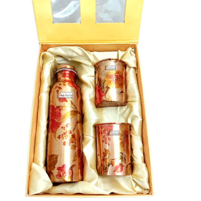 Prisha India Craft Prisha India Craft Pure Copper Bottle 2 Copper Glass with Beautiful Gift Box Flower Printed Design Set of 3 Pieces  - Image 1