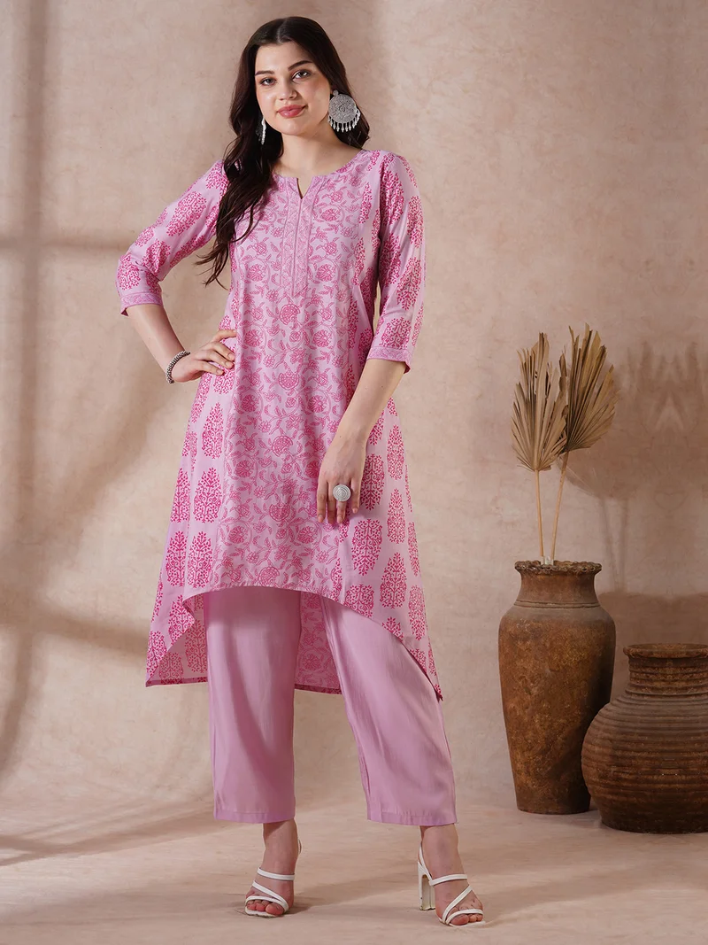 globus Women Pink Round Neck Allover Floral Print High-Low Hem A-Line Kurta With Pants Festive Set