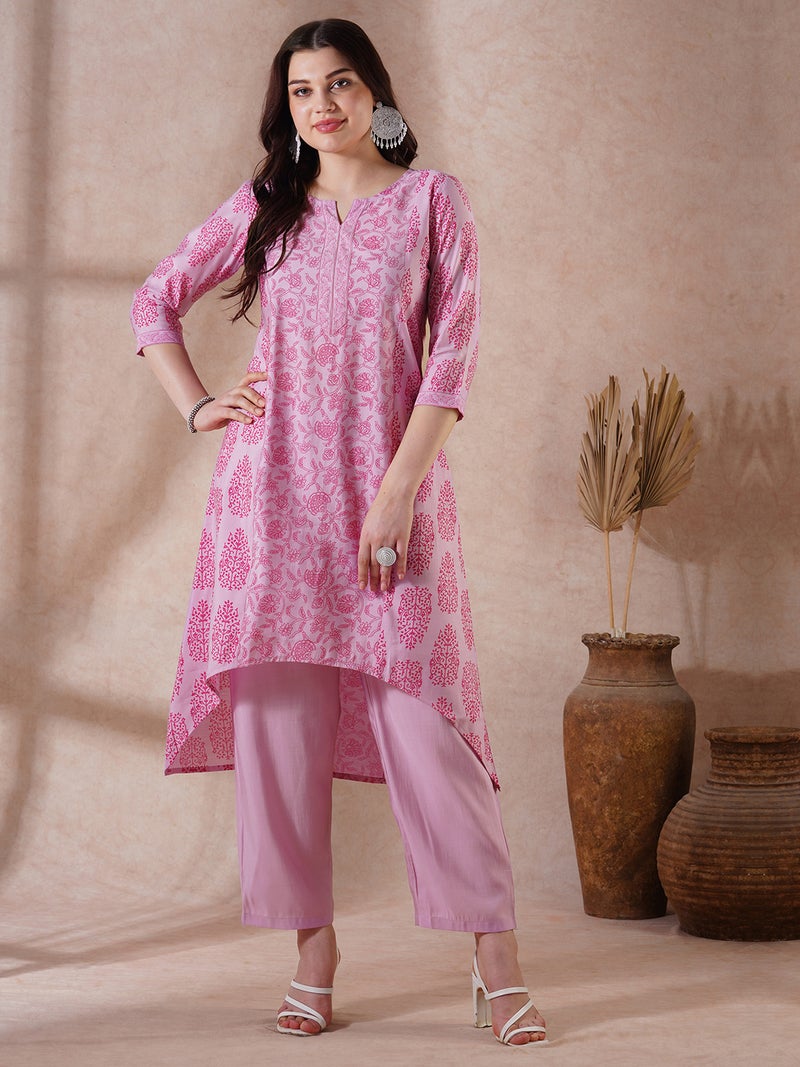globus Globus Women Pink Round Neck Allover Floral Print High-Low Hem A-Line Kurta With Pants Festive Set  - Image 1