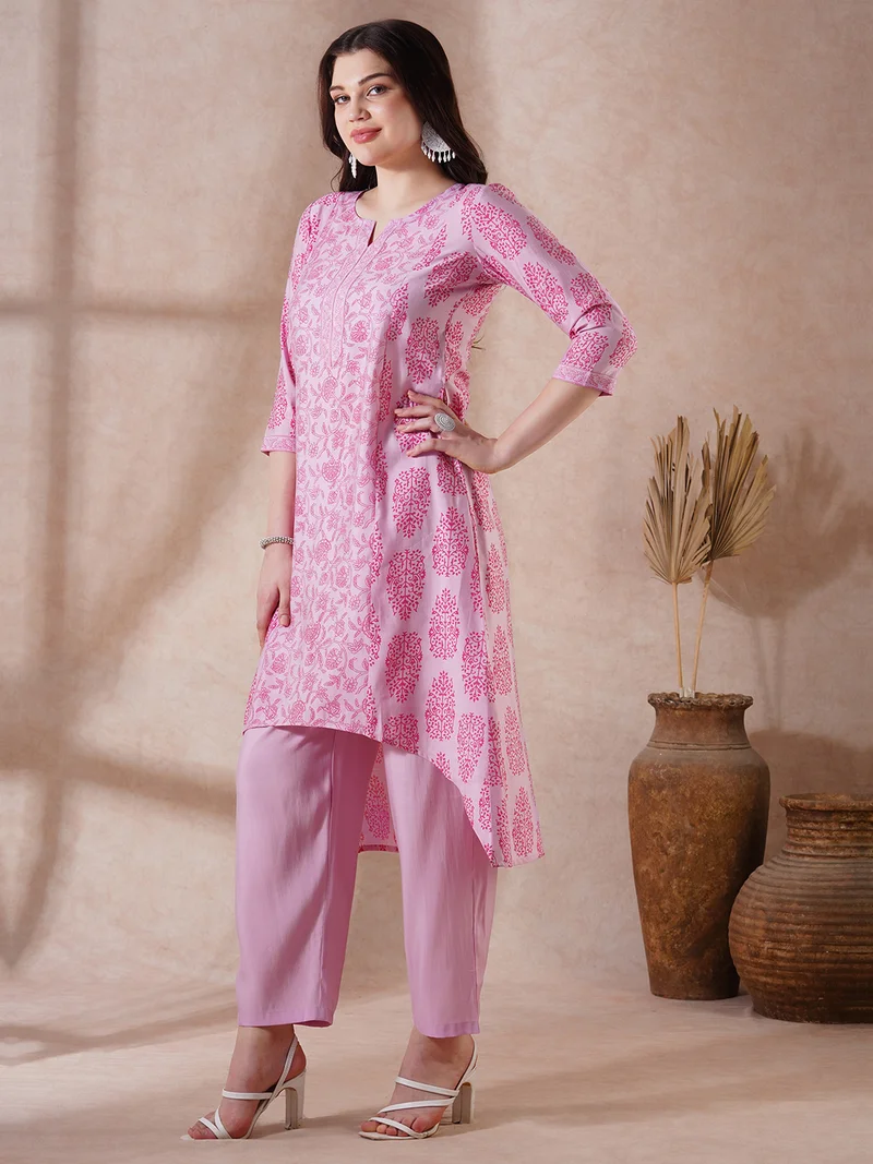 globus Women Pink Round Neck Allover Floral Print High-Low Hem A-Line Kurta With Pants Festive Set