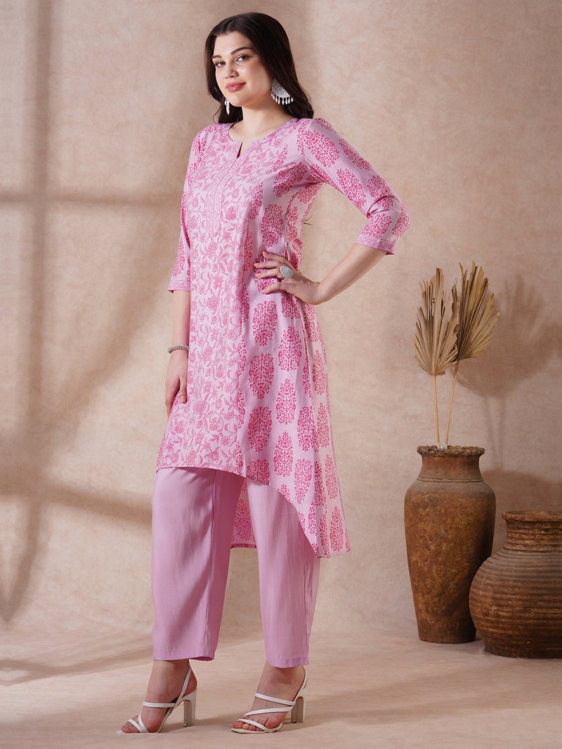 globus Globus Women Pink Round Neck Allover Floral Print High-Low Hem A-Line Kurta With Pants Festive Set  - Image 2