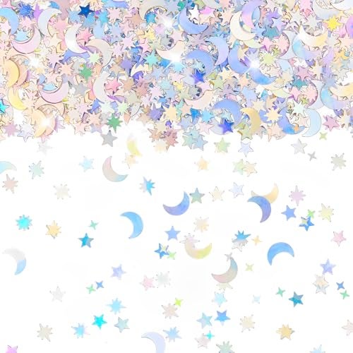 Aecsze 4000 Pcs Star Confetti Glitter Confetti Holographic Metallic Star Glitter Holographic Moon for Party Decorations Wedding Birthday Festival DIY Unicorn Theme Silver 10mm - Image 1