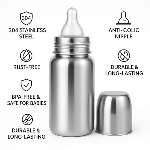 Cuteably Baby Bottle, Stainless 304 Grade Steel, BPA Free, 150ml/200ml/300ml, Silver (200 ML) - Image 4