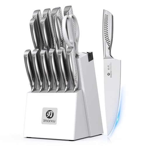 imarku® Knife Set, Japanese HC Stainless Steel 15 PCS Kitchen Knife Set With Block With Built-in Sharpener, Razor-Sharp Blade Knife Block Set With Dotted Ergomomic Handle, Best Birthday Gifts, White - Image 1