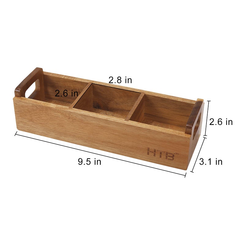 HTB Small Tea Bag Box Wooden, 3 Compartments Acacia Wood Tea Bag Chest with Handle, Mini Countertop Divided Storage Container for Beverage Supplies, Sugar, Sweeteners, Individual Packets - Image 5