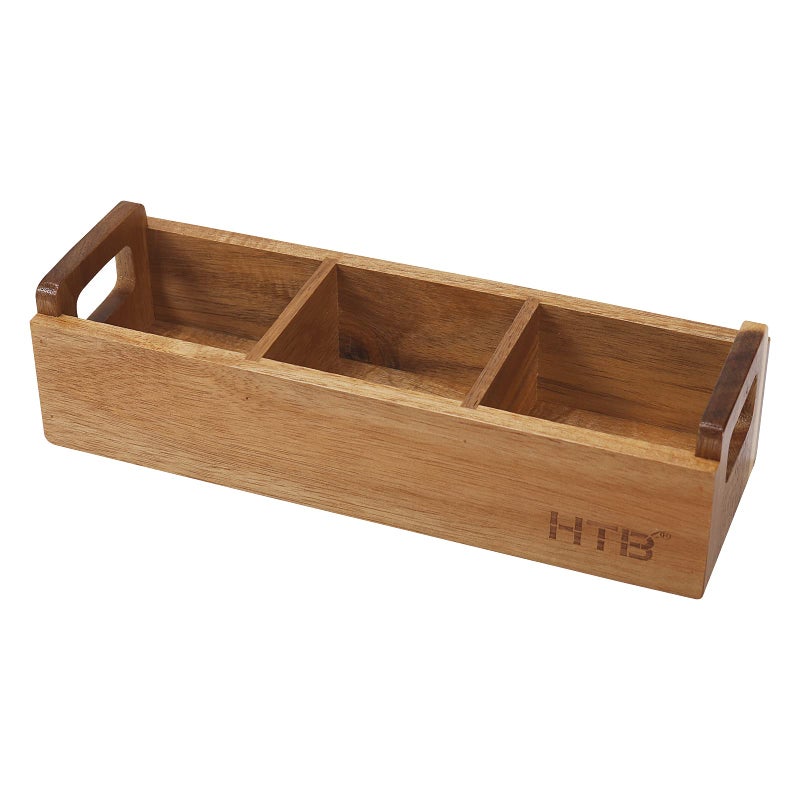 HTB Small Tea Bag Box Wooden, 3 Compartments Acacia Wood Tea Bag Chest with Handle, Mini Countertop Divided Storage Container for Beverage Supplies, Sugar, Sweeteners, Individual Packets - Image 1