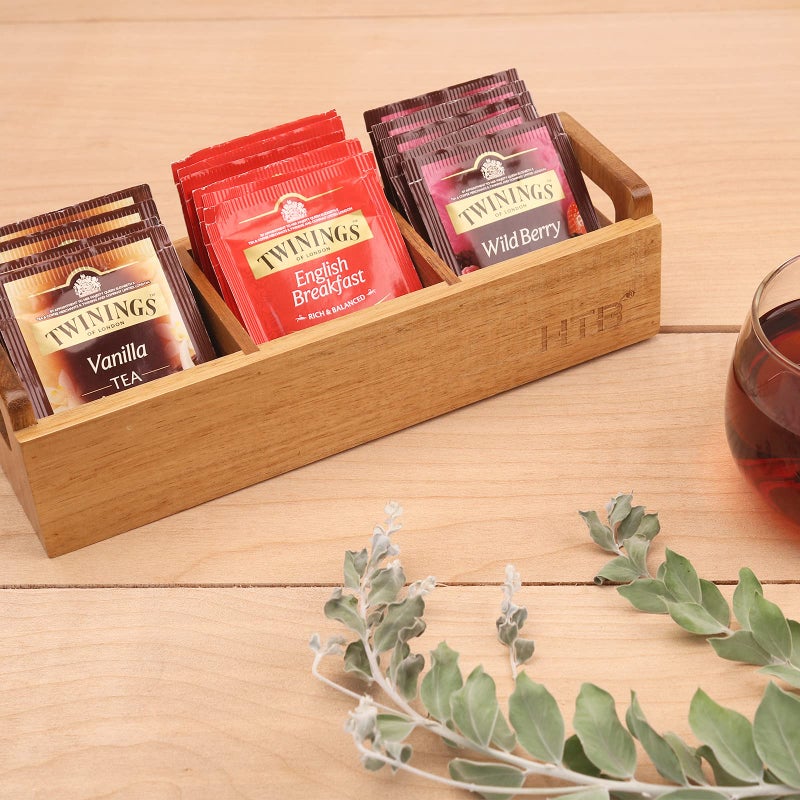 HTB Small Tea Bag Box Wooden, 3 Compartments Acacia Wood Tea Bag Chest with Handle, Mini Countertop Divided Storage Container for Beverage Supplies, Sugar, Sweeteners, Individual Packets - Image 2