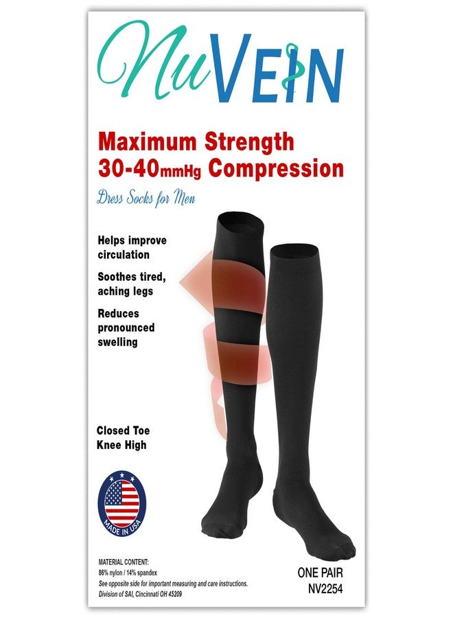 NuVein Men's Compression Socks, 30-40 mmHg Support, Dress Trouser Style, Over Calf Knee High, Black, Medium - Image 2