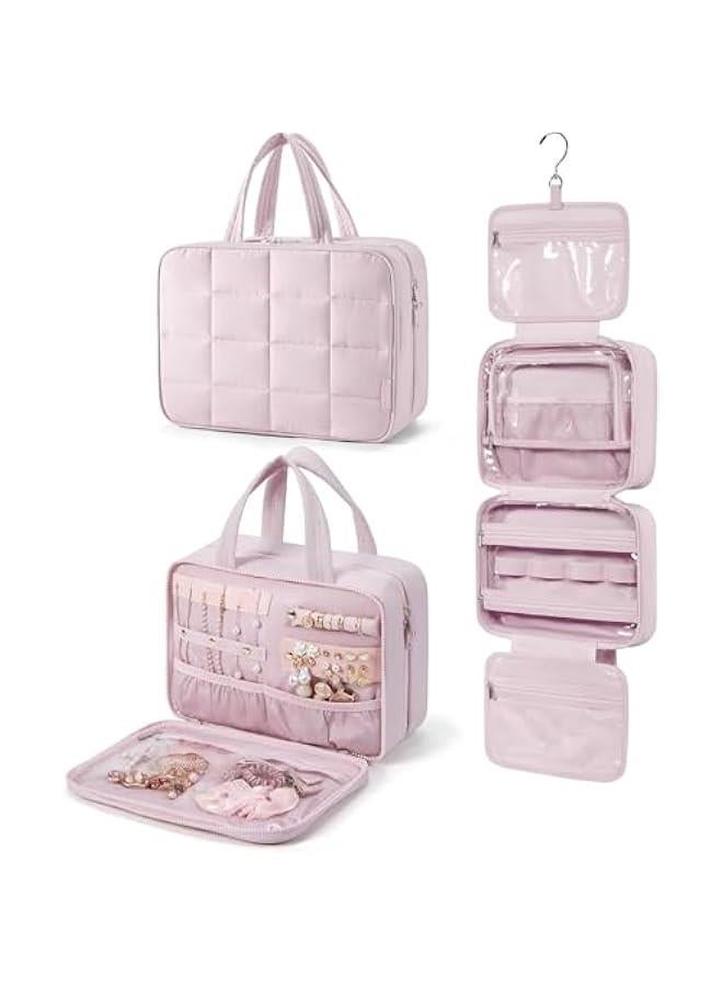 HOOKOR Travel Toiletry Bag with Jewelry Organizer, Hanging Makeup Cosmetic Bag, Puffy Carry-On Travel Accessories Essentials, Large Black Organizer for Toiletries and Jewelry (Pink, 31 * 12 * 23CM) - Image 1