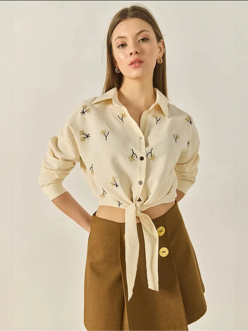 Bianco Lucci Amber Yellow LUCCI Embroidered Poplin Shirt with Button Closure for Women | Best Price UAE
