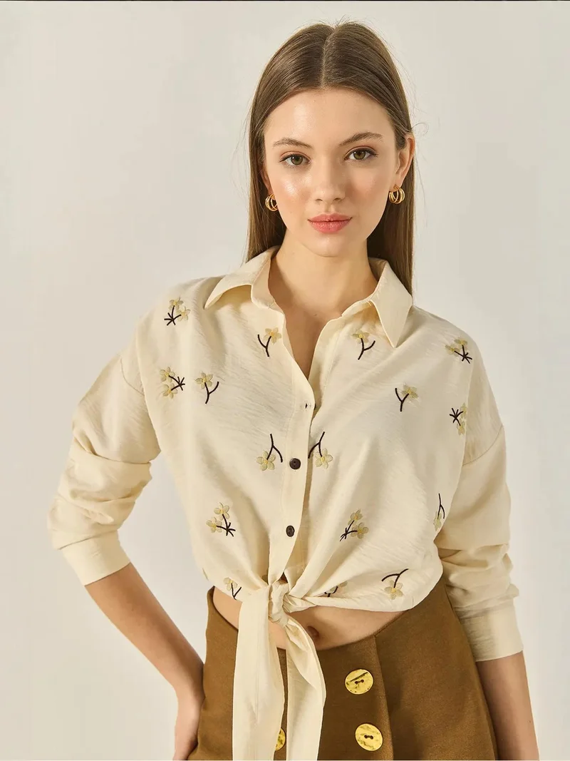 Bianco Lucci Amber Yellow LUCCI Embroidered Poplin Shirt with Button Closure for Women | Best Price UAE