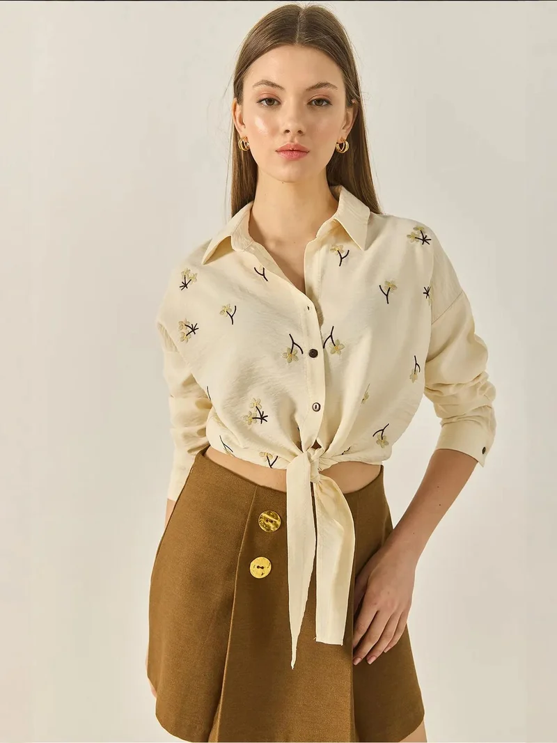 Bianco Lucci Amber Yellow LUCCI Embroidered Poplin Shirt with Button Closure for Women | Best Price UAE