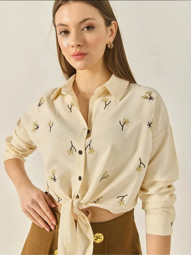 Bianco Lucci Amber Yellow LUCCI Embroidered Poplin Shirt with Button Closure for Women | Best Price UAE