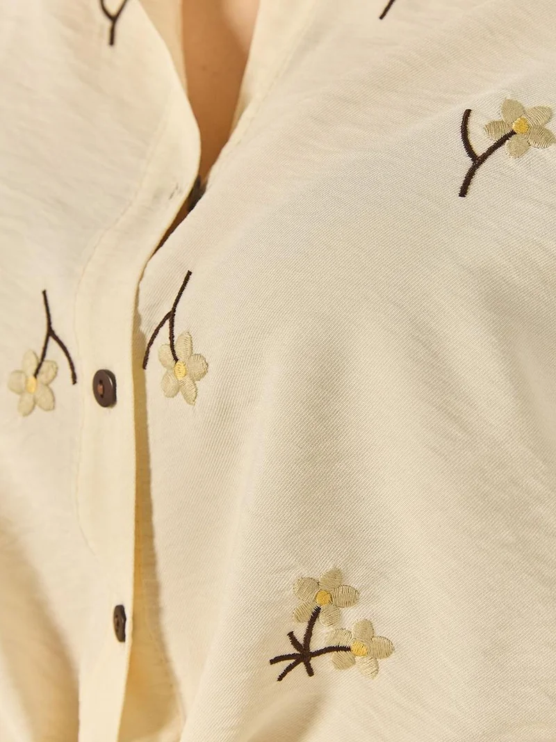 Bianco Lucci Amber Yellow LUCCI Embroidered Poplin Shirt with Button Closure for Women | Best Price UAE