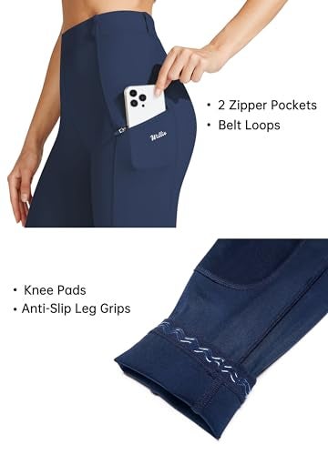 Willit سروال ركوب الخيل للنساء من ويليت مع رقعة على الركبة، بنطلون فروسية، ضيق للتدريب على ظهر الخيل، جيوب بسحاب، أزرق داكن، مقاس S - Image 4