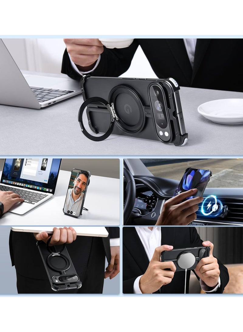For Google Pixel 9 / Pixel 9 Pro Case, Magnetic Mobile Phone Case with 360° Rotating Magnetic Stand, High Metal Aluminium Frameless Shockproof Protective Case for Google Pixel 9 Pro Case - Image 5