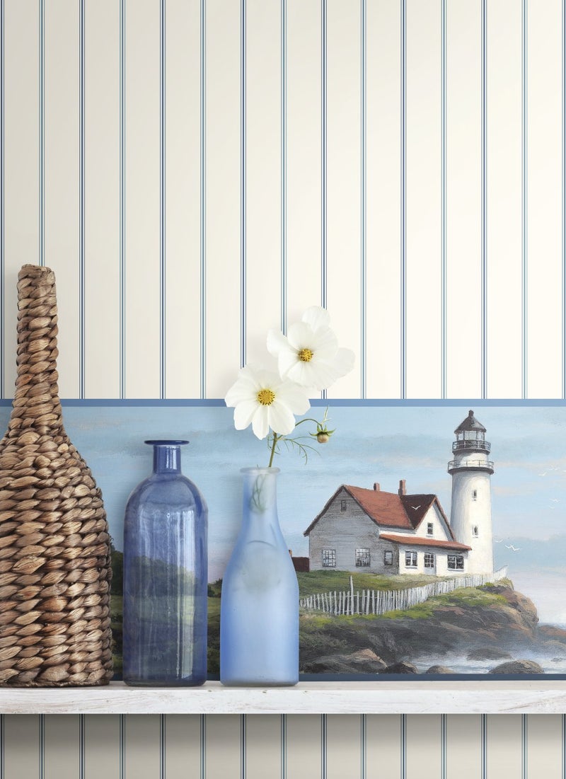 Roommates York Wallcoverings Nautical Living Sailing Lighthouse Border Bright Blue/White/Shades Of Green/Dark Brown/Red - Image 2