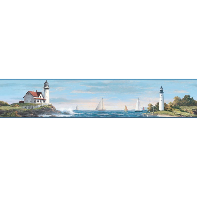Roommates York Wallcoverings Nautical Living Sailing Lighthouse Border Bright Blue/White/Shades Of Green/Dark Brown/Red - Image 1