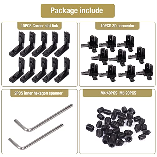 tchrules 20Pcs 2020 Aluminum Extrusion Connectors 3-Way End Corner Bracket Connector Black T Slot L-Shape Interior Corner Joint Bracket for Aluminum Extrusion Profile Slot Connector Set 6mm with Screws&Wrench - Image 2