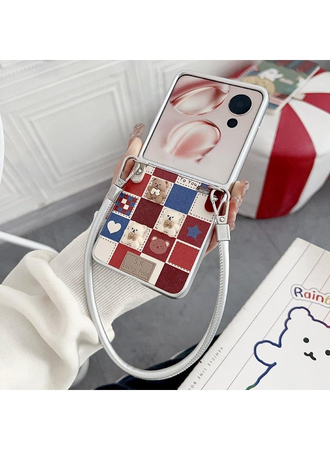 HuHa Case Cover For Honor Magic V Flip Lattice Little Bear Pattern Full Coverage Phone Case with Wrist Strap(Silver) - Image 2