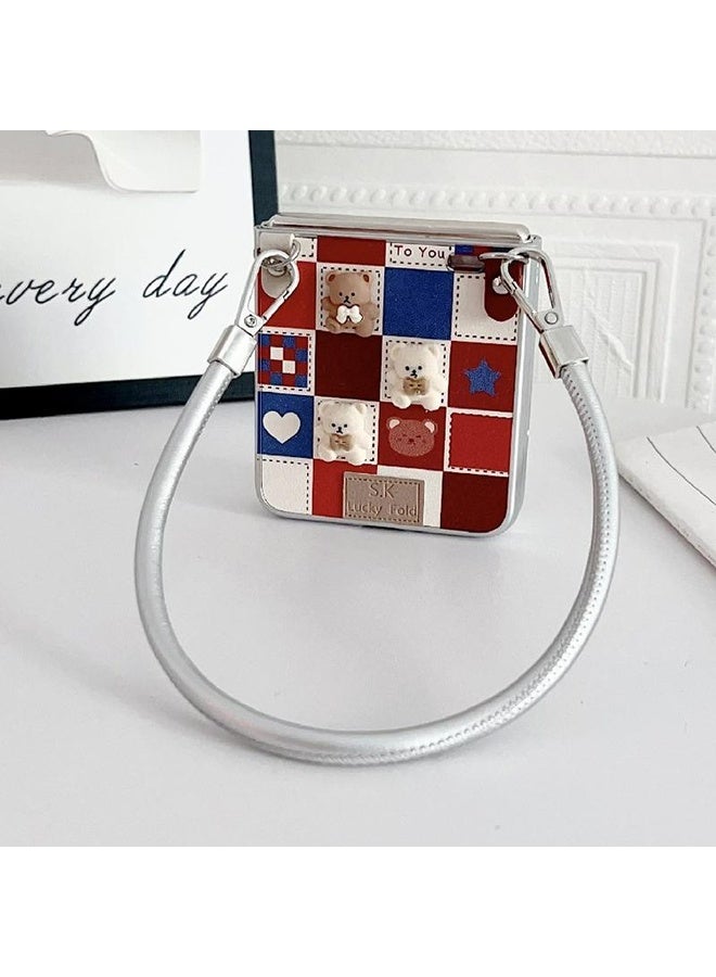HuHa Case Cover For Honor Magic V Flip Lattice Little Bear Pattern Full Coverage Phone Case with Wrist Strap(Silver) - Image 3