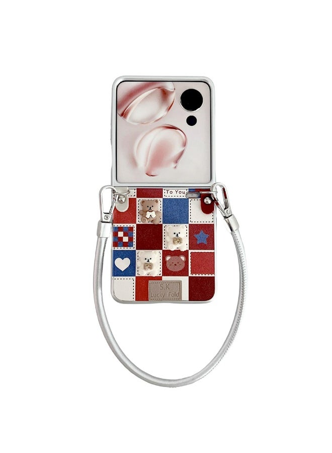 HuHa Case Cover For Honor Magic V Flip Lattice Little Bear Pattern Full Coverage Phone Case with Wrist Strap(Silver) - Image 1
