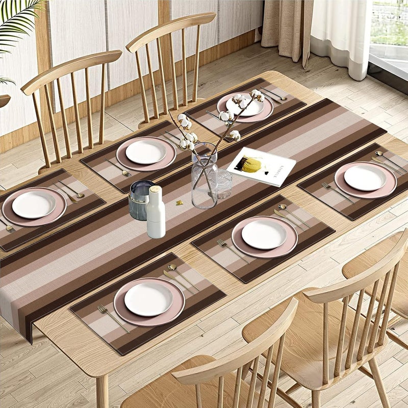 Emvency Coffee Brown Gradient Table Runner and Placemats Set of 6, Modern Geometric Abstract Painting Art Dining Decor for Daily Use(1 Table Runner 72 inches Long and 6 Placemats) - Image 1