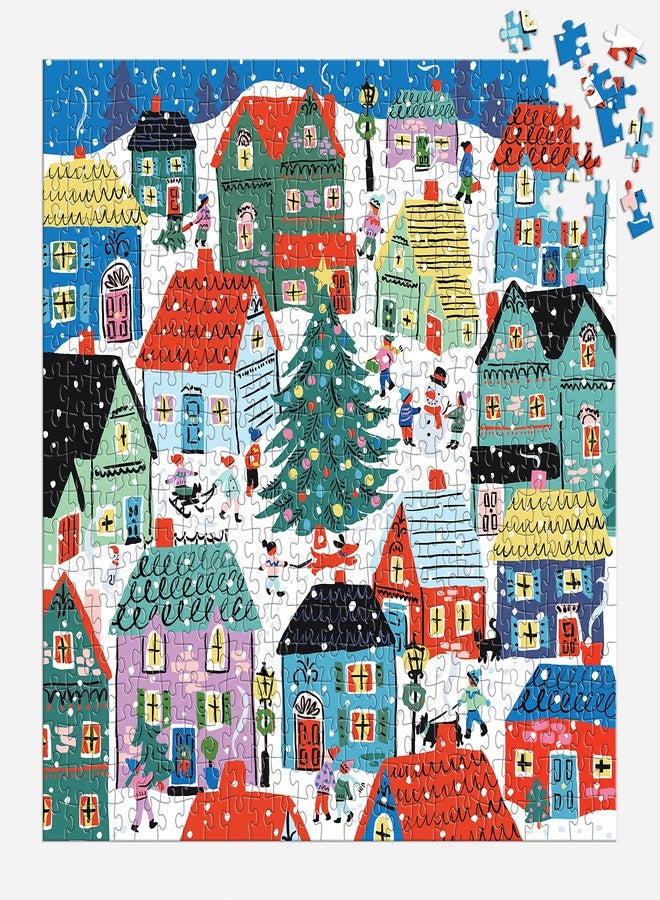 Galison Christmas in The Village - 500 Piece Unique House Shaped Puzzle with Bright and Bold Artwork of Merry Christmas Village Scenery for Adults and Families - Image 3