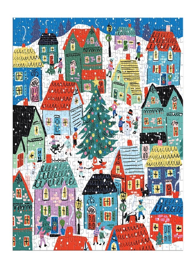 Galison Christmas in The Village - 500 Piece Unique House Shaped Puzzle with Bright and Bold Artwork of Merry Christmas Village Scenery for Adults and Families - Image 2
